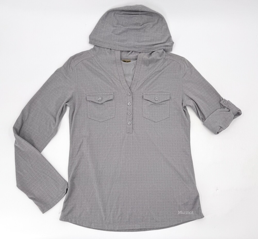 Marmot Shirt Womens Small Gray Hooded Roll Tab Sleeve Pullover Knit